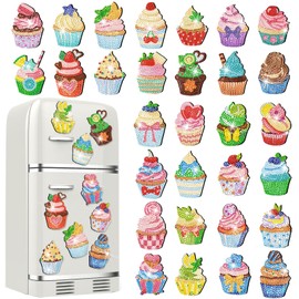 Remuuly 30 Pcs Diamond Painting Magnets Spring Diamond Art Magnet Kits for Adults Summer Animal Flower Cupcake Cow Rhinestones Refrigerator Stickers for Fridge DIY Crafts Toy Gifts(Cupcake)