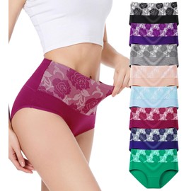 HAVVIS Women's Briefs Underwear Cotton High Waist Tummy Control Panties Rose Jacquard Ladies Panty Multipack (Brief 01-8 Pack - Assorted Colors 03, X-Large)