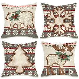 Fahrendom Winter Decorative Throw Pillow Covers 18 x 18 Set of 4, Kniting Style Polar Bear Deer Snowflake Pine Tree Porch Patio Outdoor Pillowcase, Christmas Grey Flower Sofa Cushion Case Home Decor