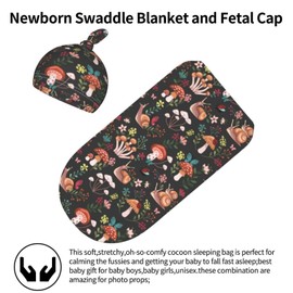 Ykklima Baby Newborn Swaddle Blanket with Beanie Hat- Mushroom Snails Butterfly Flower Pattern Receiving Blanket Sleep Sack for Girls Boys Infant Gifts