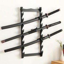 awagas 8 Tier Sword Holder Wall Mount, Display Sword Rack Black Samurai Katana Stand for Wakizashi Flute Fishing Rods Storage Christmas Hobby Collection