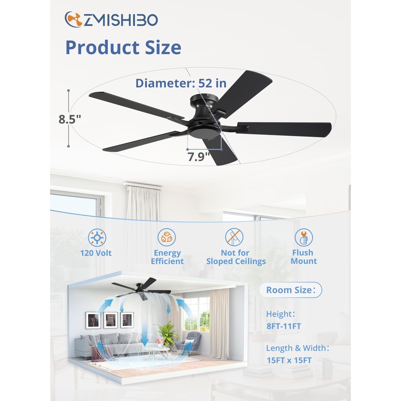 ZMISHIBO 52 Inch Ceiling Fan No Light, Flush Mount Low