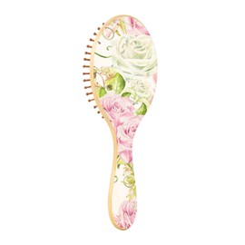 Paddle Brush Hair Brush, Round Wooden Pins Air cushion comb, Scalp massages Detangling Hair Hairbrush for Smoothing Hair Print Bright Pink Roses With Green Leaves On White Design