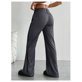 MakeMeChic Women's Striped Dressy Pants Straight Leg Work Office Long Trousers Dark Grey Small