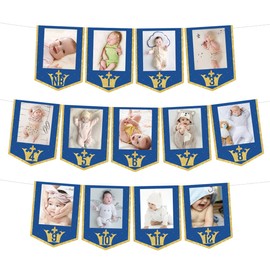 Royal Prince 1st Birthday Photo Banner, 1-12 Monthly Picture Display Bunting Garland Navy Blue Gold Glittery DIY Baby Boy First Birthday Party Decorations