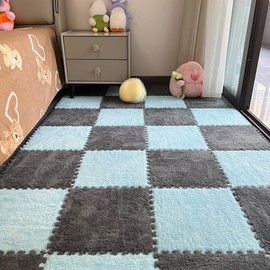 12pcs Carpet Squares Puzzle Floor Mat, Plush Interlocking Carpet Tiles, Anti Slip EVA Foam Jigsaw Floor Tiles, Build A Safe Area for Bedroom Playroom (Blue+Grey)
