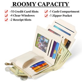 Airkit Wallet Women, Small Wallet for Women Leather, Ladies Bifold Compact RFID Blocking Credit Card Holder, Girls Mini Travel Purse, Pocket Passport Wallet with 4 ID Window, Off White, Classic