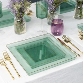 EcoQuality 13" inch Disposable Square Translucent Green Plastic Plates with Gold Rim, China Like Party Plates, Heavy Duty Charger Plate, Dinner, Weddings, Baby Showers, Catering, Non Toxic (4)