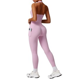 RXRXCOCO Open Back Workout Sets for Women 2 Piece Halter Tank Tops Hidden Scrunch Leggings Matching Set with Pockets Light Pink Medium