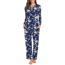 syoss 2 Piece Women's Fall Pajama Sets, Long Sleeve Lounge Sleepwear Ladies Pjs Sets with Pockets XXL, White Flowers