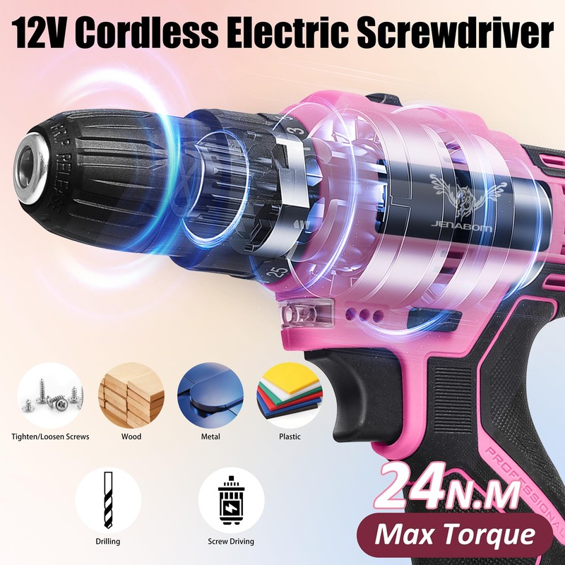 JENABOM Pink Tool Set - 12V Cordless Drill Kit, 151