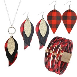 CSIYANJRY99 4 Pieces Buffalo Plaid Leather Earrings Necklace Bracelet Set,Christmas Red Black Plaid Jewelry Set Plaid Print Jewelry for Women B