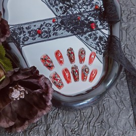 UNIYVOH Handmade Press on Nails Holiday Fake Nails with Designs, Cross/Skull/Spider/Scary Bloody, Women Reusable False Nails (Bloody, S)