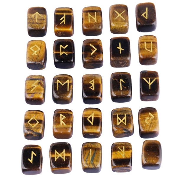 KYEYGWO Tiger's Eye Stone Witches Runes Set, Rune Stones with Engraved Elder Futhark Runic Alphabet for Divination Meditation Healing