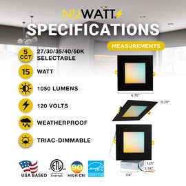 NUWATT | 6 Pack | 6 Inch Square Ultra-Thin LED Recessed Lighting, Selectable 2700K/3000K/3500K/4000K/5000K, High Brightness 1050 Lumens Dimmable, Black Canless Slim Wafer Light, IC Rated, Metal J-Box