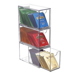 ELLDOO 3 Drawers Tea Bag Organizer, Clear Acrylic Stackable Tea Bag Storage Holder for Kitchen Pantry, Coffee Pod Snack Storage for Countertop Cabinet