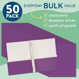 Blue Summit Purple Folders with Prongs, Purple Folders with Pockets, Brad Folder, Paper, Fit Standard 3 Hole Punch Paper, 50 Pack
