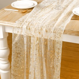 AerWo 8 Pcs Gold Table Runner 10FT, Glitter Table Runner Wedding Decorations, Sheer Table Runner Wedding Table Runner 27"x120", Romantic Boho Table Runner for Birthday Baby Shower Wedding Table Decor