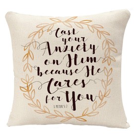YGGQF Throw Pillow Cover Biblical Cast Your Anxiety on Him Because He Cares for You Bible Scripture Calligraphy with Watercolor Laurel Pillow Case Cushion Cover for Sofa Couch Bed Car 18x18 Inch