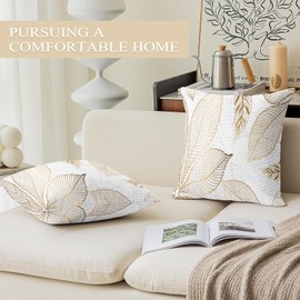 ECZOIL Set of 2 Cushion Covers for 45 x 45 cm, Colourful Plants Flowers Pattern Pillowcase with Zip for Living Room Sofa Bedroom Gold Leaf