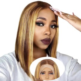 Brazilian Human Hair Wig 5.1x1.5 Inch Bob Lace Front Wig Natural Short for Women Natural Brazilian Wig Human Hair Highlight Ombre Blonde P4/27 Color (12 Inch)