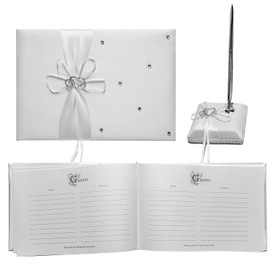 Wedding Guest Book and Pen Set with White Satin Bow, Mr. and Mrs. Our Wedding, Blank Lined Pages for Visitor Register Sign-in Book for Events, White 9.6X6.3 inch