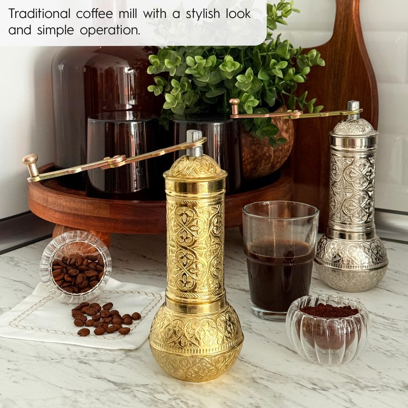 Glios Decorative Handmade Coffee Grinder, Refillable Turkish Spice Mill, Manual