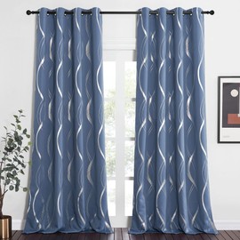 NICETOWN Blackout Curtains 90" Length 2 Panels Set for Bedroom, 52" Wide, Stone Blue, Foil Printed Wave Lines Energy Saving Thermal Insulated Draperies for Patio Hall Studio