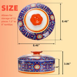 WRINGKIT Ceramic Tortilla Warmer, 8.5 Inch Tortilla Holder with Lid, Tortilla Pancake Keeper Storage Container for Flour Taco, Chapati, Roti Bread, Microwave Dishwasher Safe