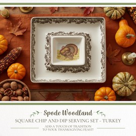 Spode Woodland 12" Square Chip and Dip - Turkey Centerpiece Serving Dish, Fine Porcelain Holiday Serveware, Thanksgiving Platter for Chips, Crudités, Shrimp - Dishwasher, Microwave Safe