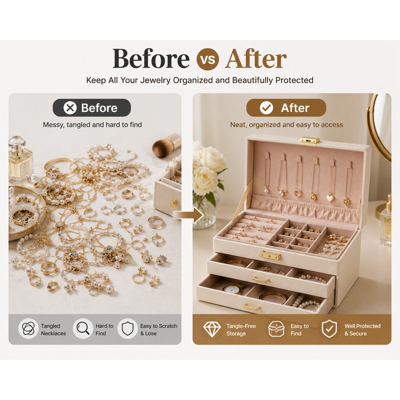 White Leather Jewelry Storage Box with Three Layers and Removable