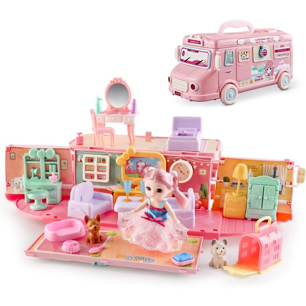 deAO Dollhouse Playset Portable House Toy for Kids 2 in 1 Playhouse Set 32pcs Accessories with Furniture & Figures Pink Caravan Camper Bus Pretend Playhouse Birthday Gifts for Kids