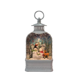 MOMENTS IN TIME 9.5“H Acrylic LED Lantern with Snowman Family - LED Lights, Water Spinning Glitter, Battery Operated - Hand-Painted Polyresin
