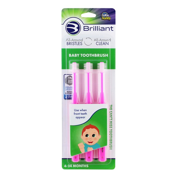 Brilliant Baby Toothbrush by Baby Buddy, Designed for Ages 4-24 Months, Infant Toothbrush and Toothbrush for Toddler, Cleans All-Over Mouth, Babys First Toothbrush, Pink Brushes, 3 Count