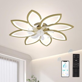 Kongkee Low Profile Ceiling Fans with Lights and Remote, Decorative Flower Ceiling Fan with 34" Light, Adjustable Fan Speed, Light Brightness, Color Temperature, for Bedroom, Living Room(Gold)