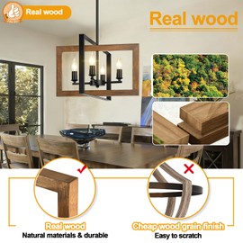 17" Farmhouse Real Wood Chandelier, No Assembly Required 4-Light Rustic Dining Room Light Fixture Over Table, Adjustable Hanging Chandelier for Kitchen Living Room Foyer Entryway