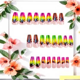 Coconut Tree Press on Nails Long Ballet Shaped Colorful Gradient Acrylic Fake Nail Full Cover Glossy French Stick on Nails Summer Artificial Fingernails Reusable Press Ons Glue on Nails for Women
