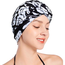 Women Bathing Cap Long Short Hair Swiming Cap Pleated Knotted Turban Hats Non-Waterproof Swim Cap (Black, One Size)