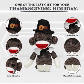 Made By Aliens Thanksgiving Pilgrim Sock Monkey Stuffed Animal with Cute Hat and Collar – Perfect Plush Toys Gift for Kids & Adults - 6 Inch