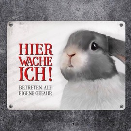 Metal Sign with Rabbit Motif and Saying "Betreten auf eigene Gefahr - Hier wache ich!"