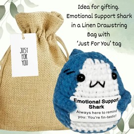 Emotional Support Shark Crochet Motivational Gift & Linen Gift Bag | Cute Positive Gifts, Pocket Hug | Inspirational Gifts For Women, Men, Friends, Work Colleagues | Good Luck, Mental Health