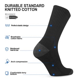 Closemate 6 Pairs Men's Cushion Crew Calf Socks Moisture Wicking Athletic Cotton Socks for Sport Training Work (6Black, 10-13(L))