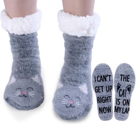 Jeasona House Socks Women's Winter Non-Slip Hut Socks Women's Warm Thick Fluffy Socks Gifts for Women Christmas, grey cat with letter