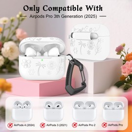 MATEPROX Flower Design Compatible with AirPods Pro 3 Case with Keychain/Hand Strap, Airpod Pro 3rd Generation[2025] Silicone Protective Headphone Cover Support Wireless Charging-White