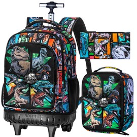 3PCS Rolling Backpack for Boys, 21 Inch Water Resistant Dinosaur Backpacks with Roller Wheels, Wheeled Bookbag for Teens Boys Elementary School Travel