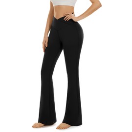 Aoliks Black Flare Leggings for Women, Crossover Wide Leg Yoga Pants High Waisted Bell Bottom Leggings