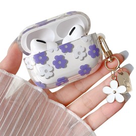 Compatible with AirPods 4 Clear Case,Cute Cartoon Flower Pattern Design with Floral Keychain, Soft TPU Protective Shockproof Case for AirPod 4 for Girls Women-Purple