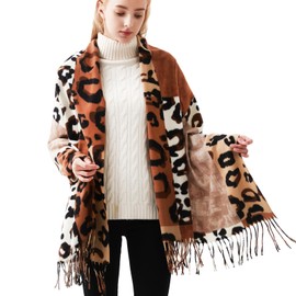 Soudittur Women's Winter Leopard Pattern Pashmina Scarves and Scarves with Fringes Long Winter Scarf Warm Oversized XXL Scarf, brown