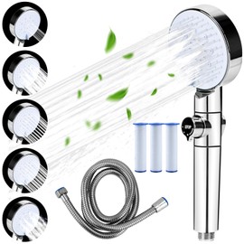 Bazasa Handheld Shower Head 5 Spray Modes Shower Head with Filter for Dry Hair& Skin High Pressure Showerhead with ON/OFF Pause Switch for Pets Bath (Silver Shower Head +1.5M Hose)