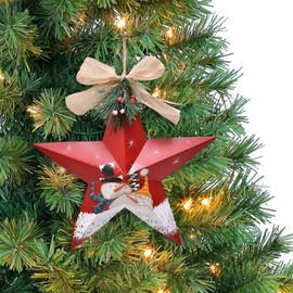 Kilipes Metal Star Barn Christmas Tree Ornaments 3D Star Barn Christmas Hanging Wall Decor Hand Painted Snowman Xmas Hanging Decoration Holiday Decor 12 inch (Red)